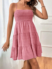Square-collar pleated summer dress in pink with tiered design and delicate straps, perfect for a chic and stylish look.