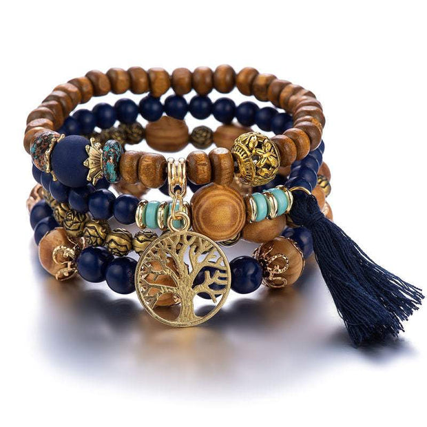 Boho Wooden Stretch Bracelet with polished beads and tassel charm.