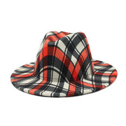 Color Matching Woolen Fedora Hat in plaid red, flat brim design.