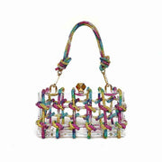 Luxurious French Rhinestone Square Handbag with colorful woven design and detachable chain strap.