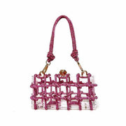 French Rhinestone Square Handbag with pink rhinestones and detachable strap.
