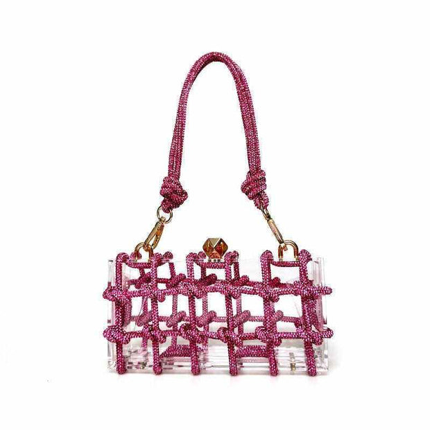 French Rhinestone Square Handbag with pink rhinestones and detachable strap.