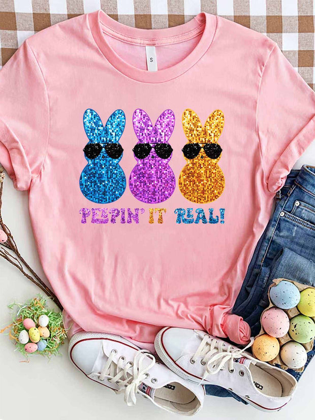 Sequin Rabbit Round Neck Tee with colorful rabbit design and sparkling sequins.