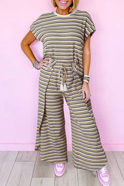 Rainbow Stripe Tee and Wide Leg Pants Set with Tassel Drawstrings, Casual and Stylish Outfit.