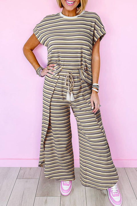 Rainbow Stripe Tee and Wide Leg Pants Set with Tassel Drawstrings, Casual and Stylish Outfit.