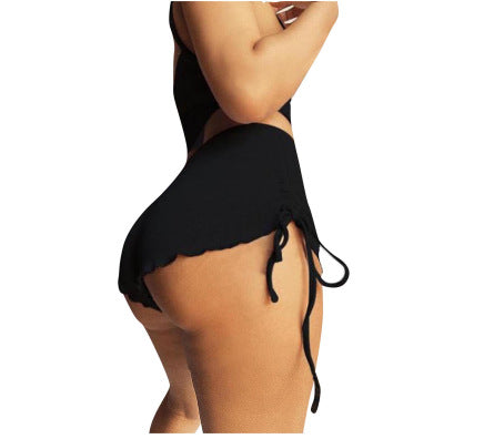 Black drawstring shorts with adjustable waist and relaxed fit.