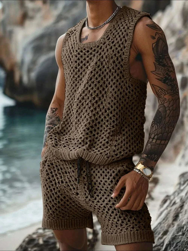 Plus Size Hollowed Out Tank and Shorts Set for men, breathable mesh design, beach and casual wear.