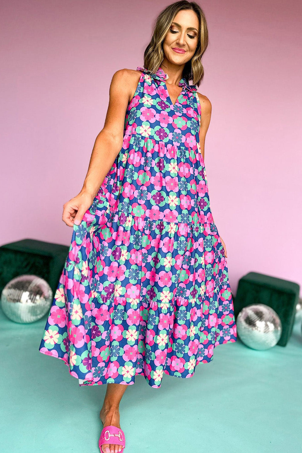 Blue 60s Flower Maxi Dress