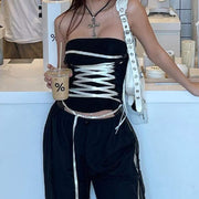 Lace-up tube top with trendy front lace-up detail in black, perfect for summer styling.