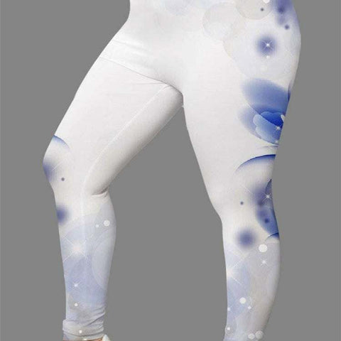 Women's 3D digital print leggings with blue and white circular patterns.