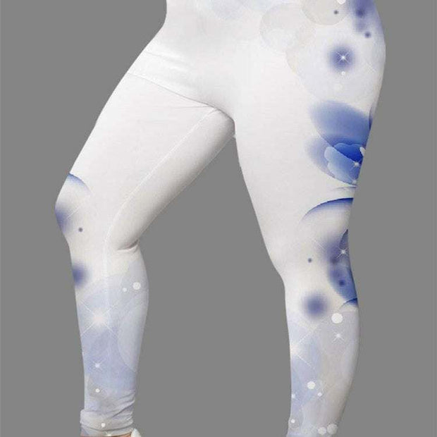 Women's 3D digital print leggings with blue and white circular patterns.