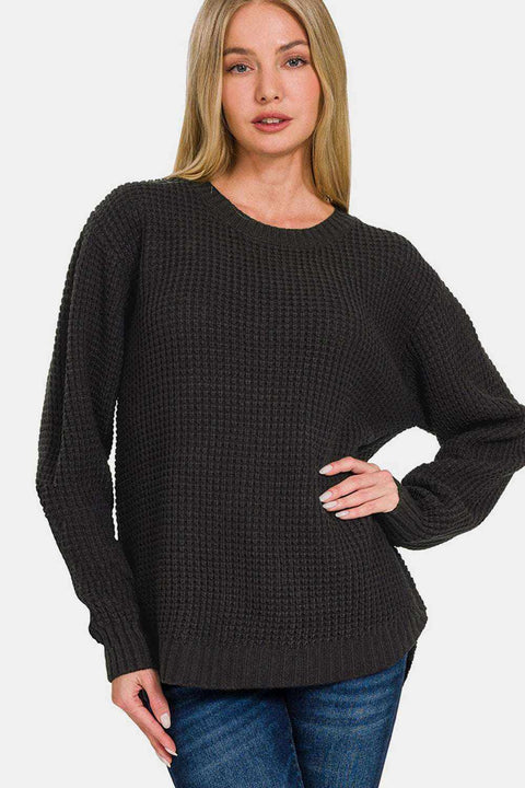 Zenana High Low Waffle Sweater in black, featuring a textured waffle-knit design and flattering high-low hem.