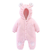 Pink quilted newborn baby onesie with bear ears and paw prints for warmth and comfort.