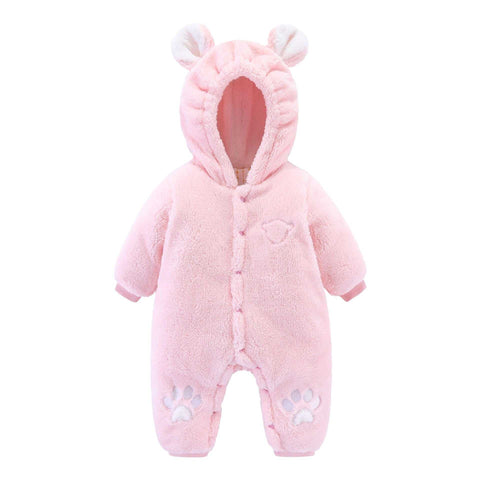Pink quilted newborn baby onesie with bear ears and paw prints for warmth and comfort.