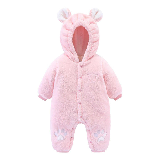 Pink quilted newborn baby onesie with bear ears and paw prints for warmth and comfort.