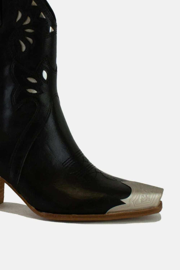 Beast Fashion Floral Embroidery Boots with intricate detailing and mid heel design.