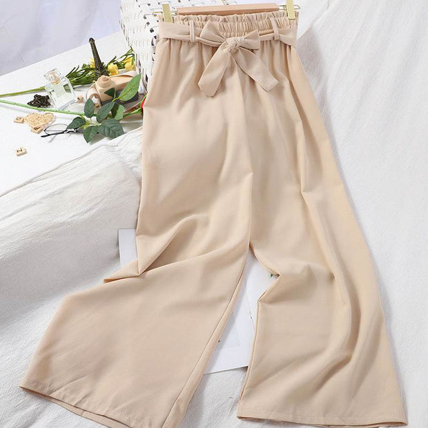 Elastic waist casual pants with bow, wide-leg design, beige color, perfect for comfort and style.
