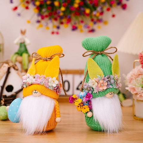 Easter Knit Faceless Dolls with spring-themed knit patterns and floral accents.