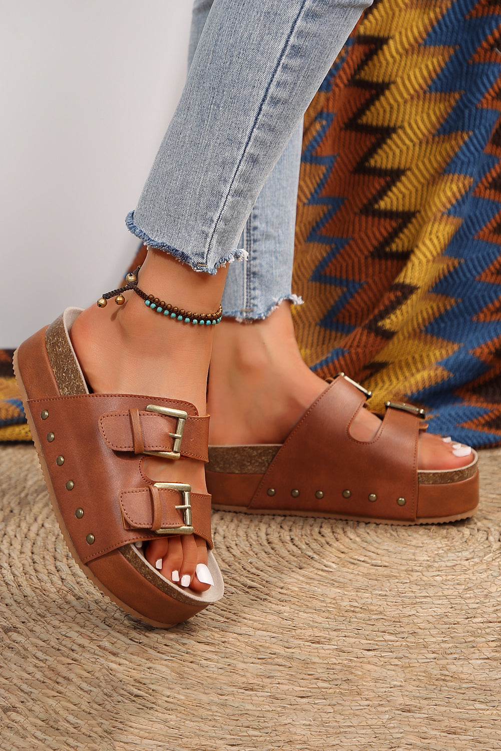 Chestnut Studded Platform Slides