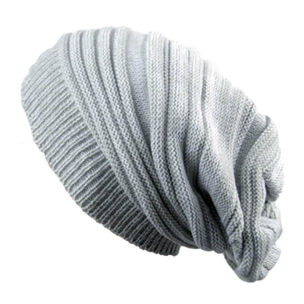 Two-color pleated pullover hat in light gray knit.