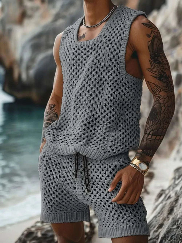 Plus size men's hollowed-out tank and shorts set, gray, stylish beachwear.