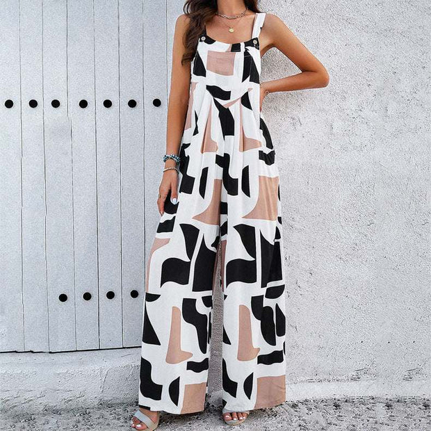 Trendy square neck jumpsuit with a bold geometric pattern, enhancing silhouette.