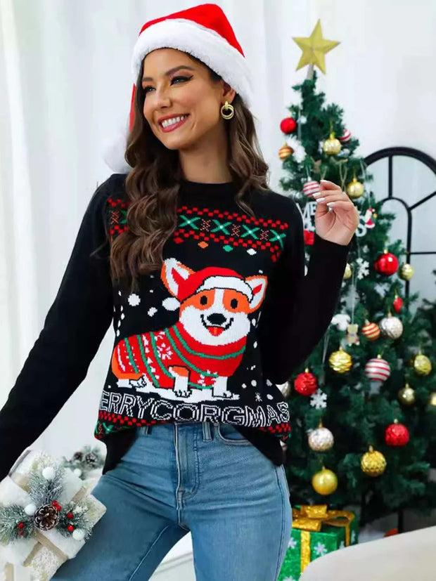Woman wearing Christmas round neck sweater with corgi and festive patterns near decorated Christmas tree