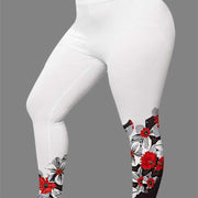 Women's 3D digital print leggings with floral design in white and black.