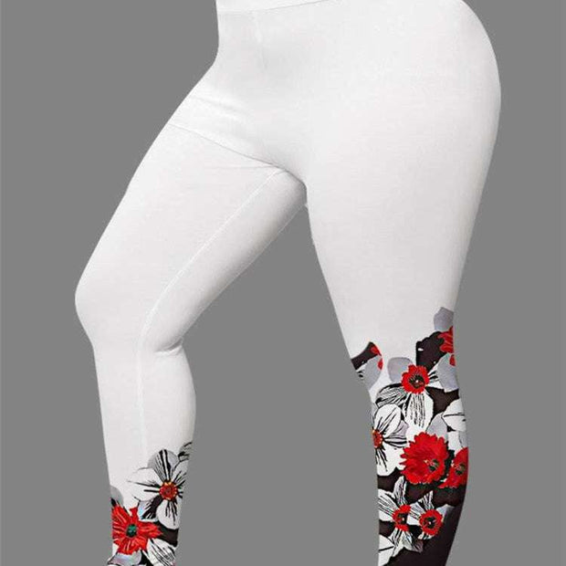 Women's 3D digital print leggings with floral design in white and black.