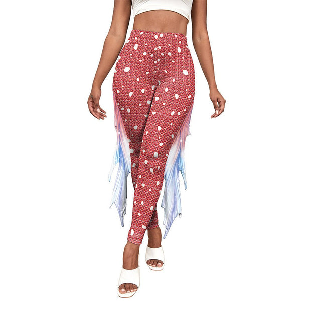 Little Mermaid Fin Print Pants with vibrant mermaid scale design and flared fins.