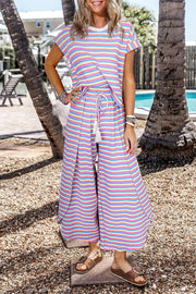 Rainbow Stripe Tee and Wide Leg Pants Set with tassel drawstrings, perfect for casual outings.