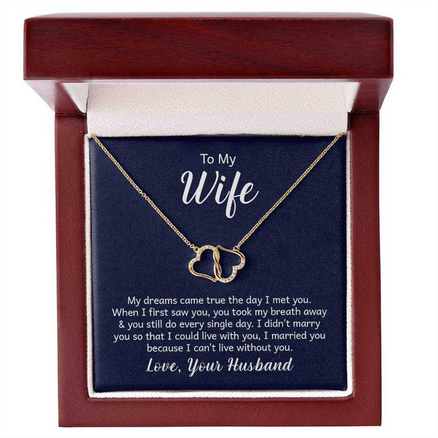 Wife Love Necklace in gift box with heartfelt message, featuring 10k gold pendant and 18 diamonds.