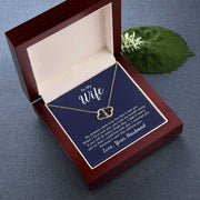 Wife Love Necklace with gold pendant and diamonds in elegant mahogany gift box.