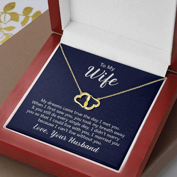 Wife Love Necklace with gold pendant and diamond accents in gift box.