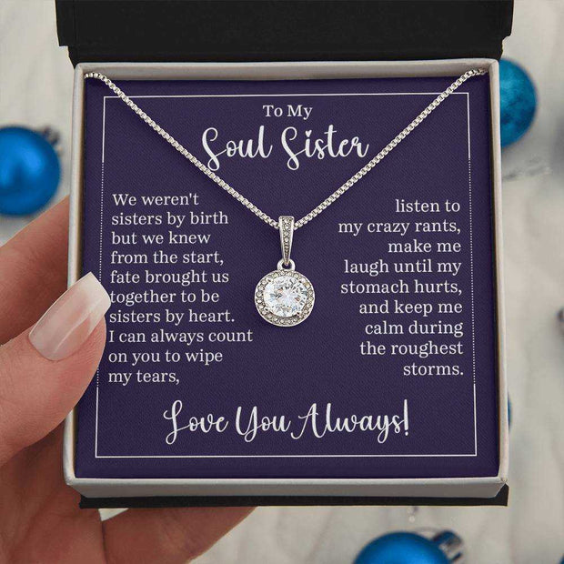 Eternal Hope Necklace for soul sister with inscription, featuring cushion cut cubic zirconia in gift box.