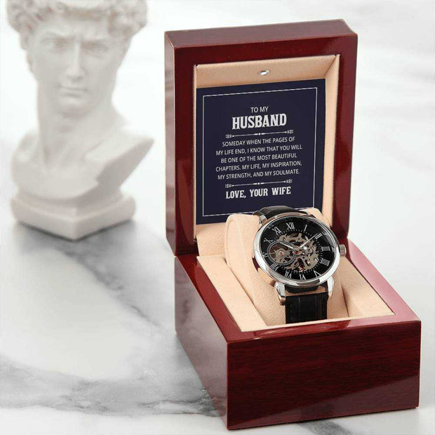 Husband Openwork Watch for Men in wooden gift box with black leather band.