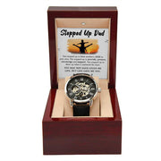 Openwork Watch for Dad in luxury gift box with intricate design and black leather band.
