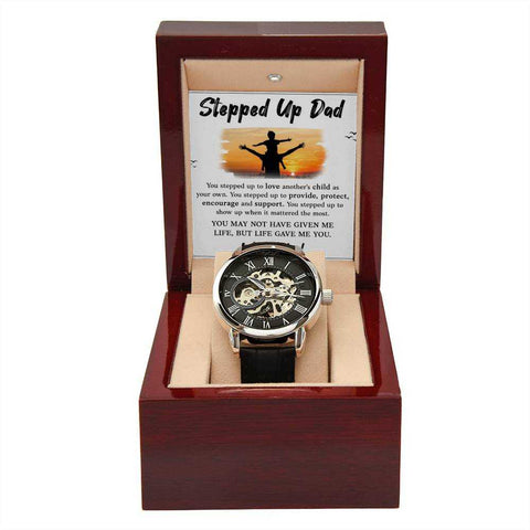 Openwork Watch for Dad in luxury gift box with intricate design and black leather band.