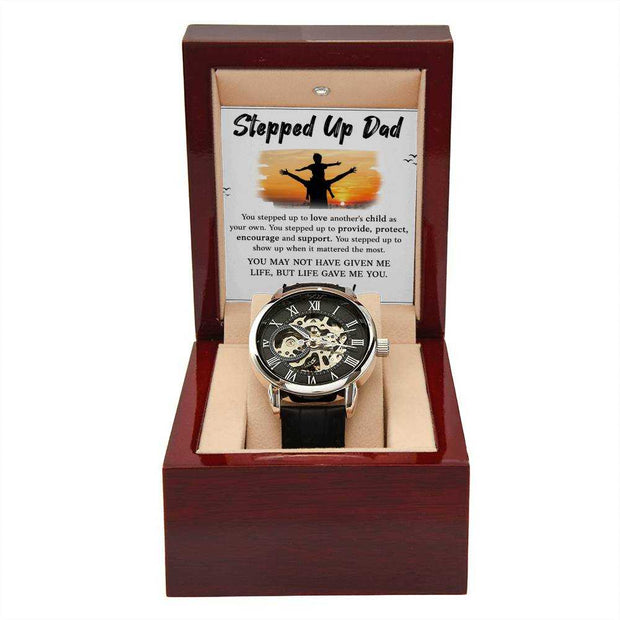 Openwork Watch for Dad in luxury gift box with intricate design and black leather band.