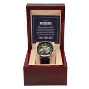 Husband Openwork Watch with genuine black leather band in elegant gift box.