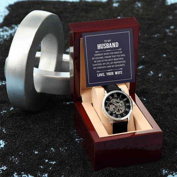 Husband Openwork Watch for Men in gift box with openwork dial showcasing intricate mechanics, ideal for special occasions.