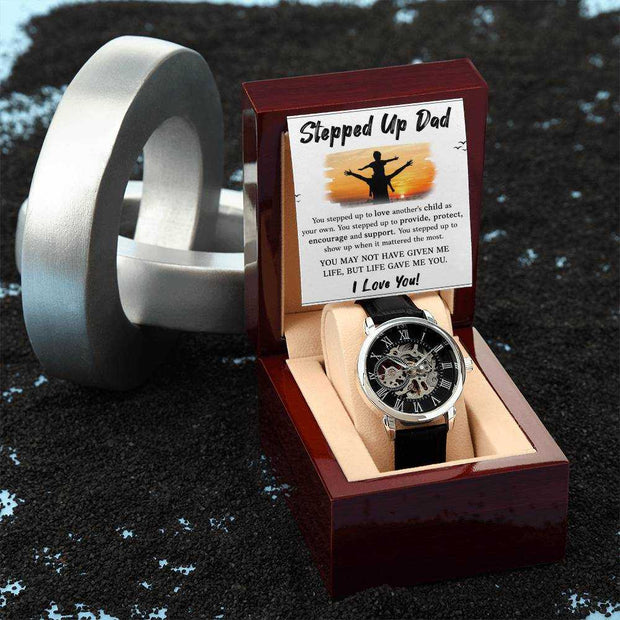 Openwork watch for dad with intricate design in luxury gift box.