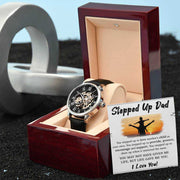 Openwork Watch for Dad in luxury mahogany box with greeting card.
