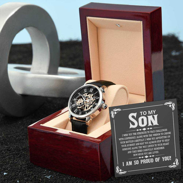 Openwork Watch for Son with black leather band and automatic movement in luxury mahogany box.