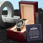 Husband Openwork Watch for Men in elegant gift box with personal message card showcasing intricate mechanics and genuine black leather band.