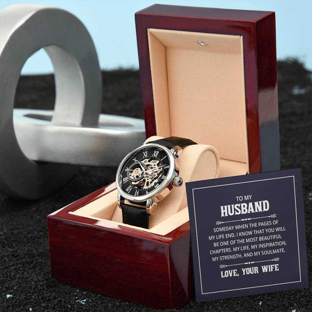 Husband Openwork Watch for Men in elegant gift box with personal message card showcasing intricate mechanics and genuine black leather band.