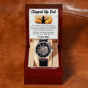 Openwork Watch for Dad in luxury mahogany box with intricate design and black leather band.