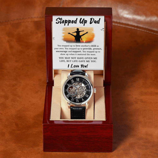 Openwork Watch for Dad in luxury mahogany box with intricate design and black leather band.