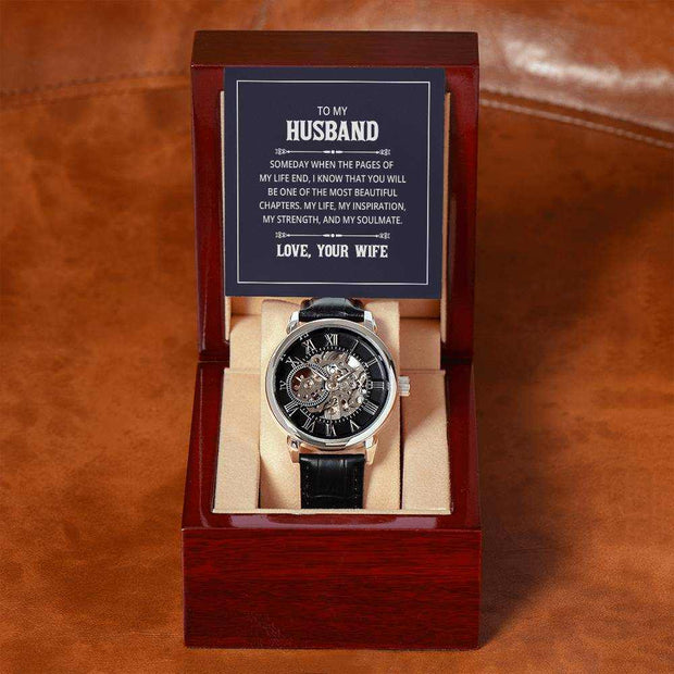 Husband Openwork Watch for Men in gift box with intricate mechanics and black leather band.