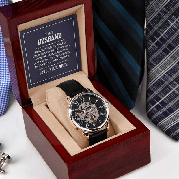 Exquisite Husband Openwork Watch for Men in a wooden gift box showcasing intricate mechanics and black leather band.